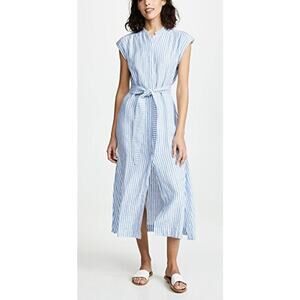 AYR Sunset Linen Shirt Dress Blue White Stripe Tie Waist Midi Coastal Preppy XS